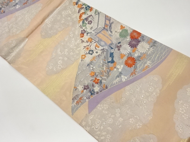 JAPANESE KIMONO / VINTAGE FUKURO OBI / WOVEN CARRIAGE & FLORAL PLANTS